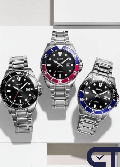 CASIO MDV-10D-1A3 — спортивные часы с чёрным циферблатом и безелем «Pepsi»