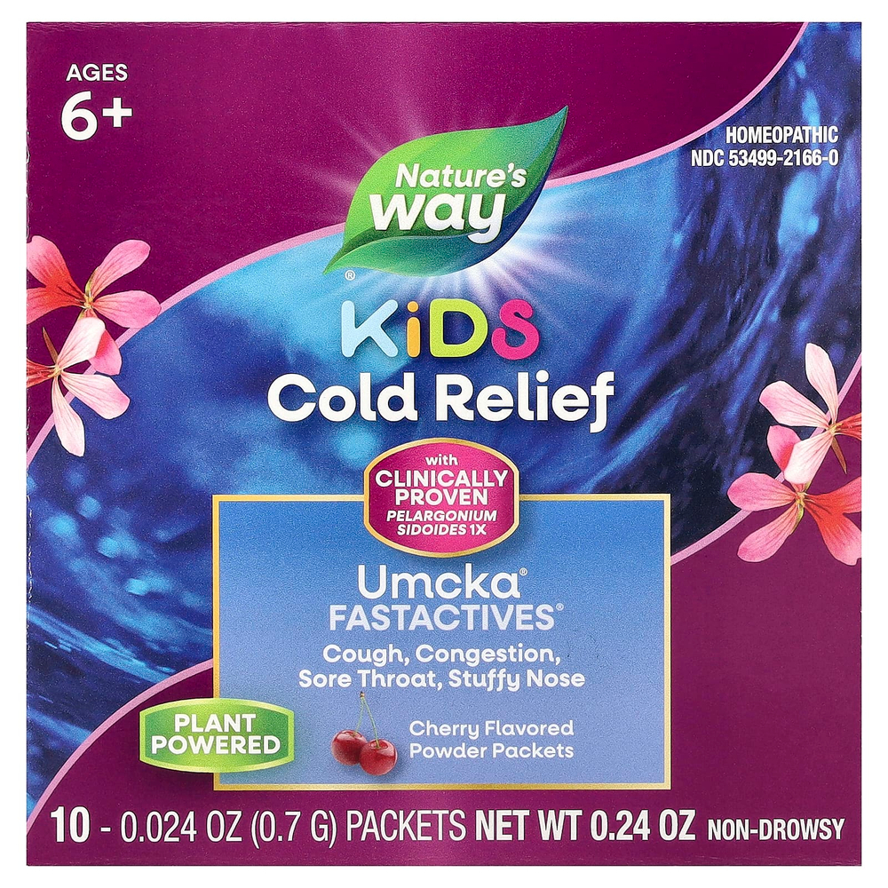 Nature's Way, Umcka®, средство от простуды для детей, FastActives®, для детей от 6 лет, с вишневым вкусом, 10 пакетиков с порошком по 0,7 г (0,024 унции)