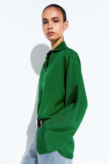 Massimo Dutti Струящаяся рубашка поло с длинными рукавами, зеленый