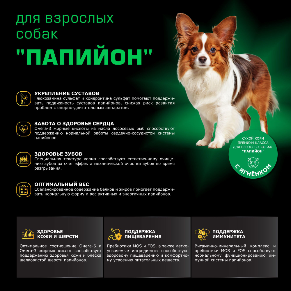 Корм сухой для взрослых собак породы Папийон, с ягненком, 2,5 кг, QUATTRO