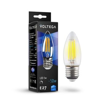 Светодиодная лампа Филамент Свеча 5Вт 4000K E27 диммируемая (8463) VG10-C1E27cold5W-FD прозрачная Voltega