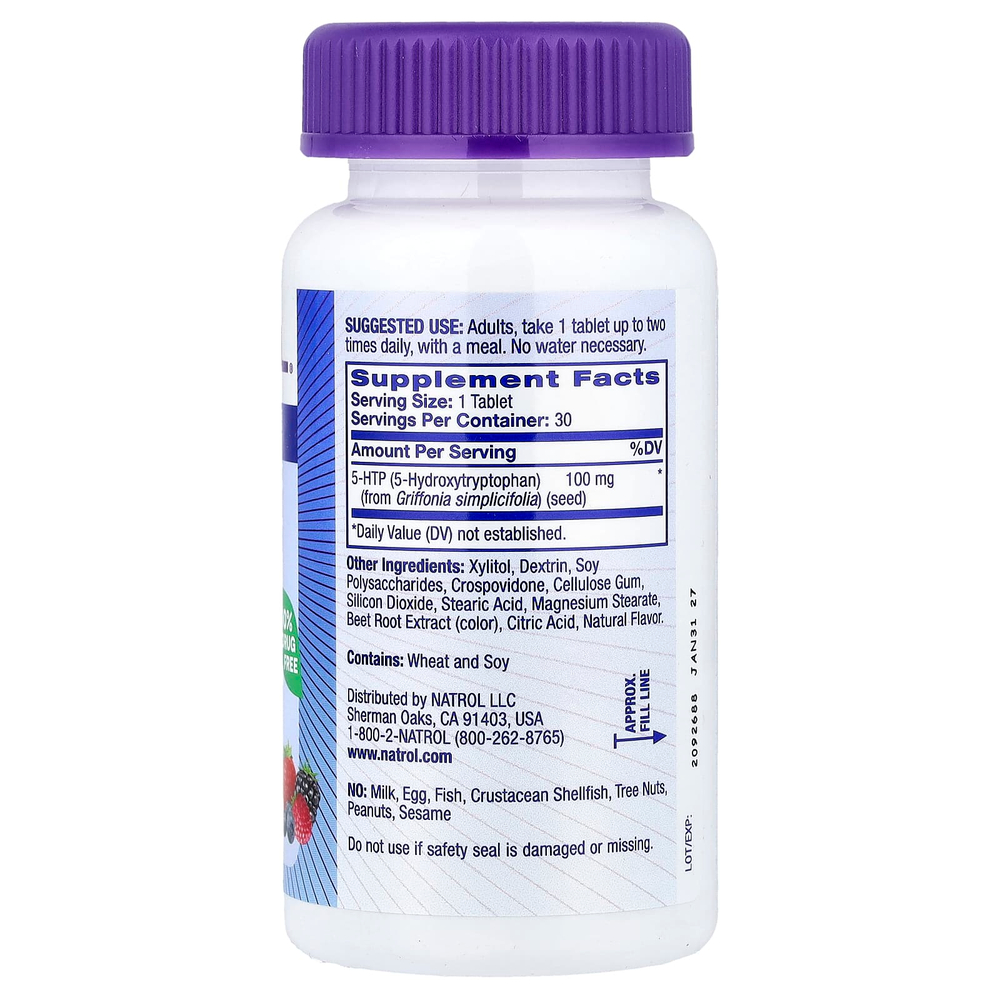 Natrol, 5-HTP, быстрорастворимый, особо эффективный, вкус диких ягод, 100 мг, 30 таблеток