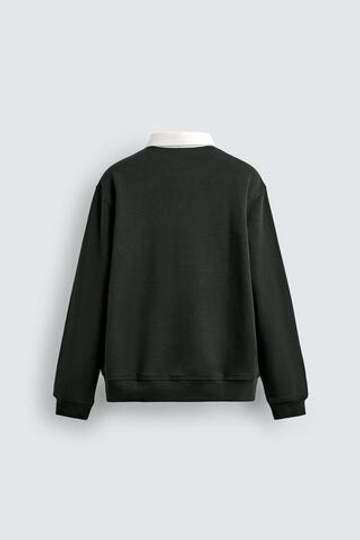 ZARA ТОЛСТОВКА-ПОЛО С КОНТРАСТНЫМ ВОРОТНИКОМ, ТЕМНО-ЗЕЛЕНЫЙ