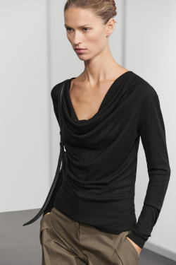 Massimo Dutti Топ с длинными рукавами и драпированной горловиной, черный
