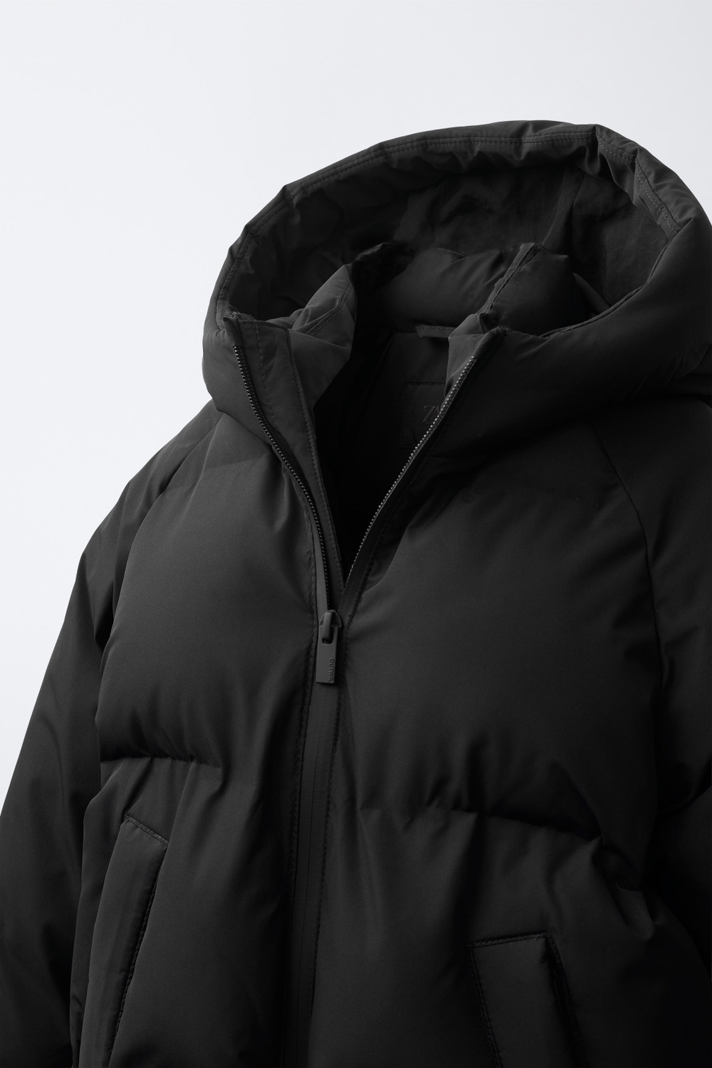 ZARA СТЕГАНОЕ ПАЛЬТО С КАПЮШОНОМ WATER REPELLENT, ЧЕРНЫЙ
