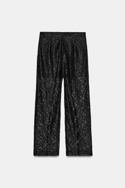 ZARA БРЮКИ ПРЯМОГО КРОЯ С КРУЖЕВОМ, ЧЕРНЫЙ