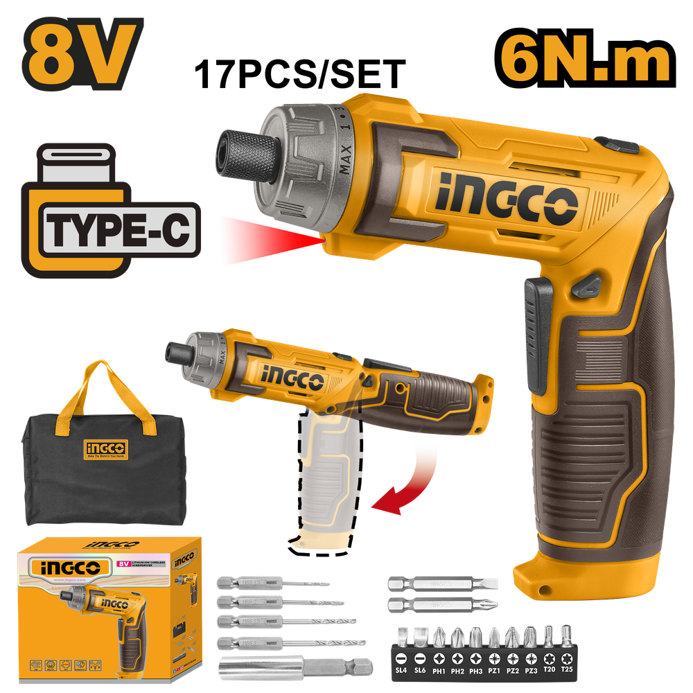 Аккумуляторная отвертка INGCO CSDLI0802 INDUSTRIAL 8 В 6 Нм 1/4" Аккумуляторная отвертка INGCO CSDLI0802 INDUSTRIAL 8 В 6 Нм 1/4"