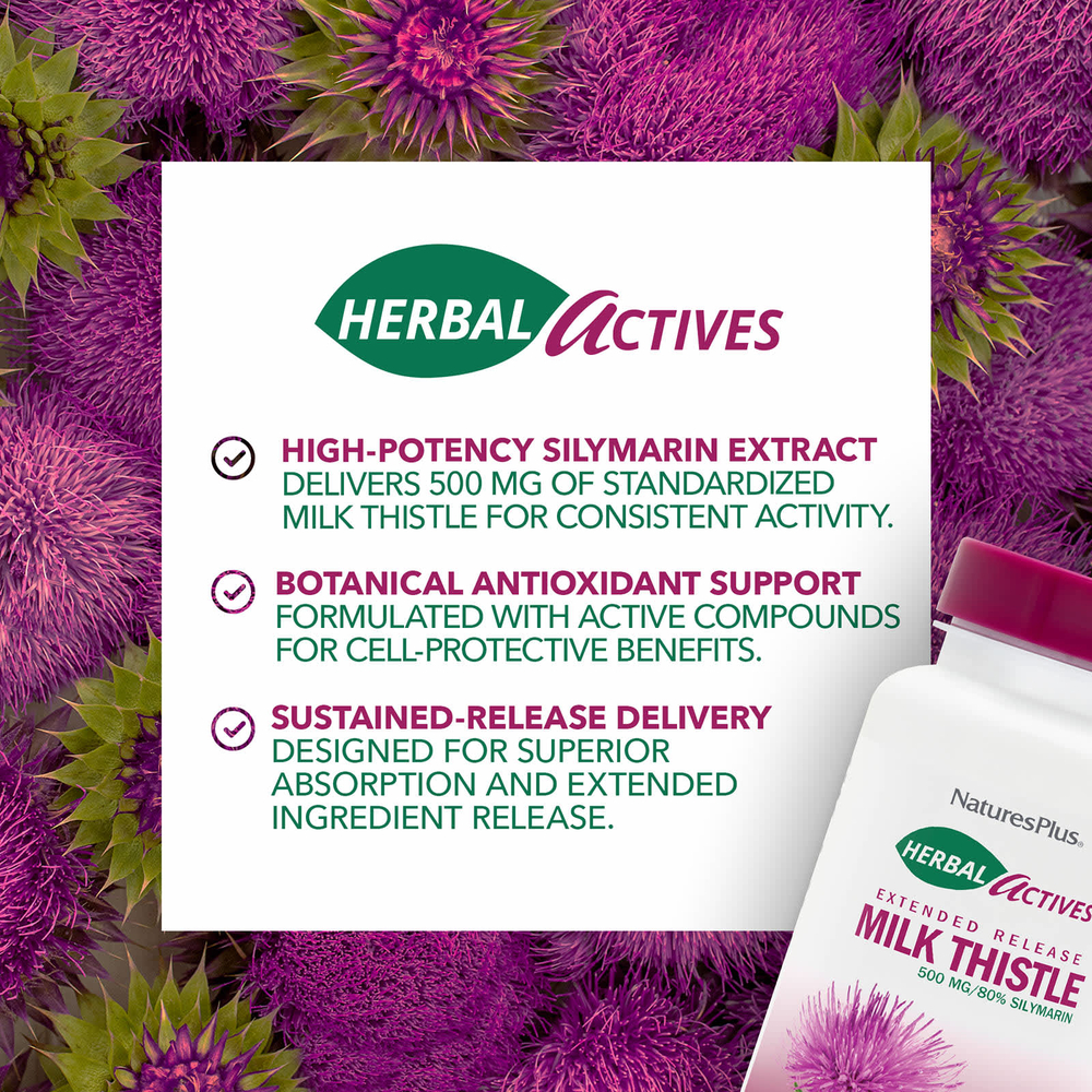 NaturesPlus, Herbal Actives, расторопша, с замедленным высвобождением, 500 мг, 30 таблеток