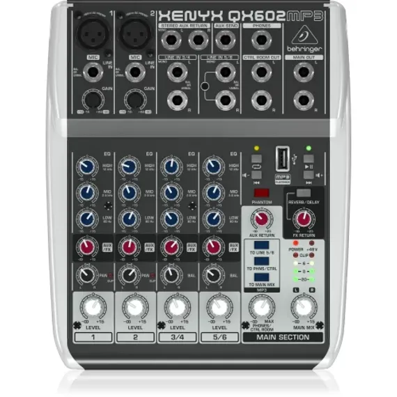Behringer QX602MP3 - микшер, 6 каналов, 2 микр. предусил. XENYX, USB МР3 плеер, British EQ, Multi FX