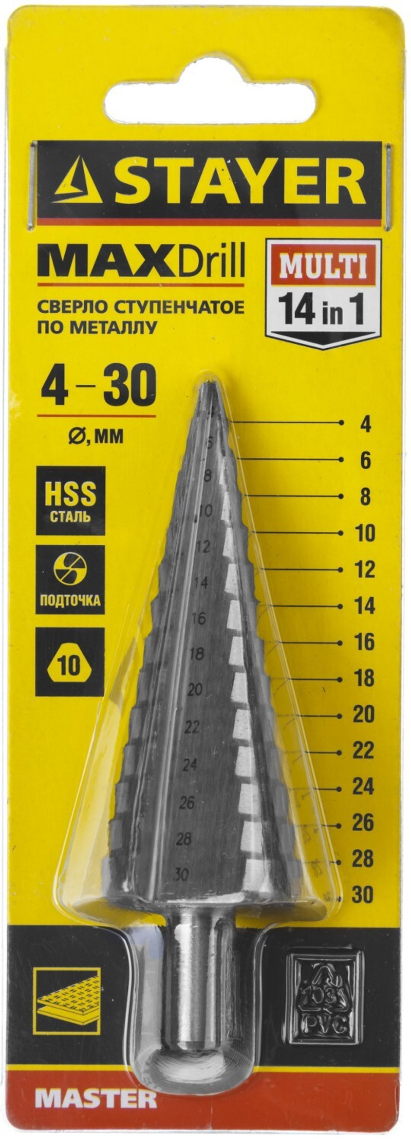 STAYER 4-30 мм, 14 ступеней, сталь HSS, ступенчатое сверло (29660-4-30-14)