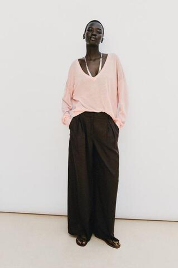 ZARA ШИРОКИЕ БРЮКИ ИЗ ЛЬНА, КОРИЧНЕВЫЙ