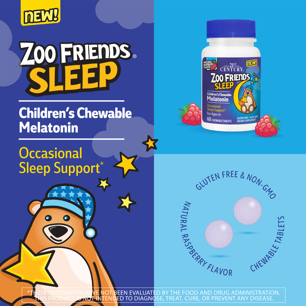 21st Century, Zoo Friends Sleep, жевательный мелатонин для детей, от 4 лет, малина, 60 жевательных таблеток