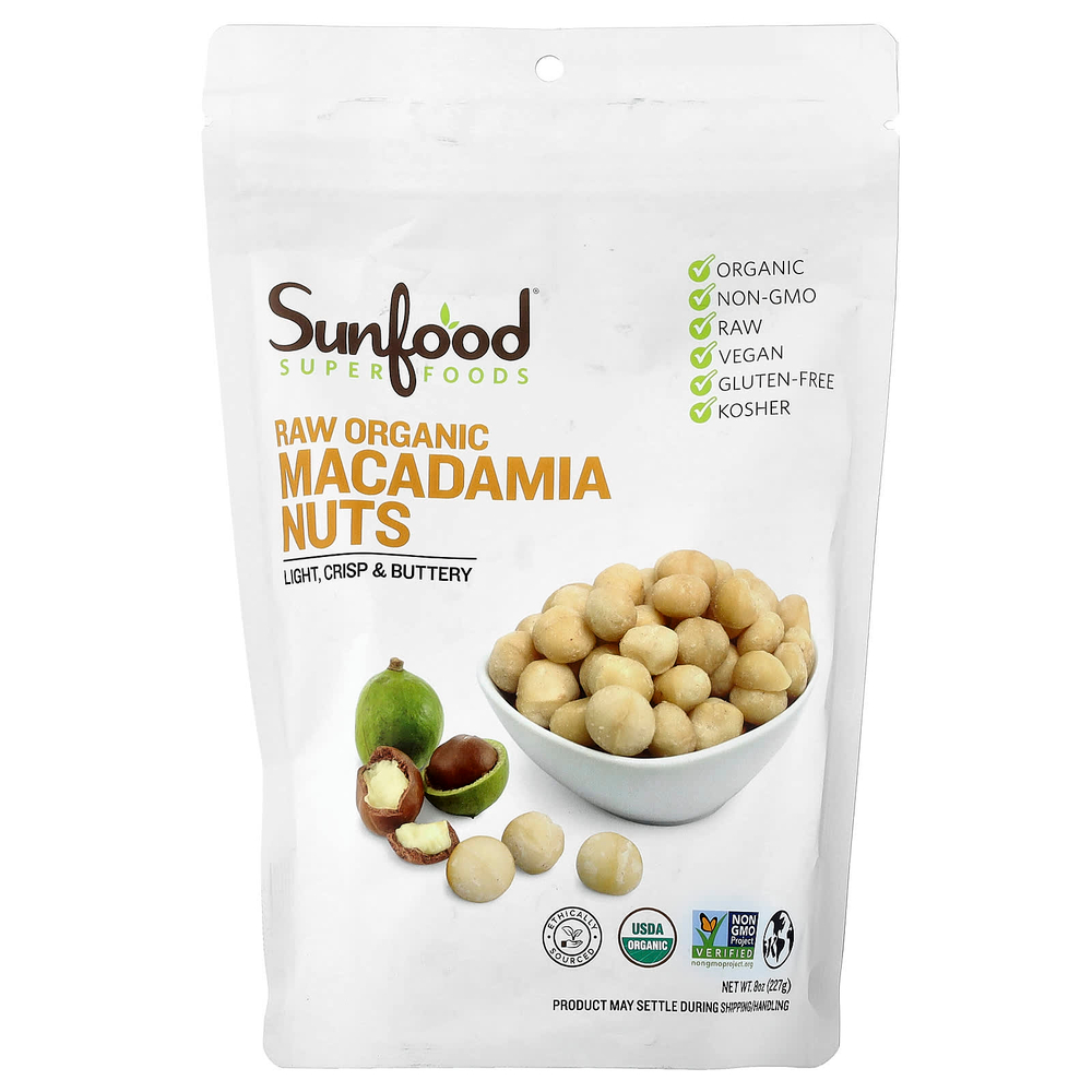 Sunfood, сырые органические орехи макадамии, 227 г (8 унций)