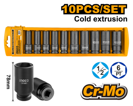 Набор торцевых ударных удлинённых головок INGCO HKISSD12102L INDUSTRIAL 1/2" 10-24 мм 10 шт.