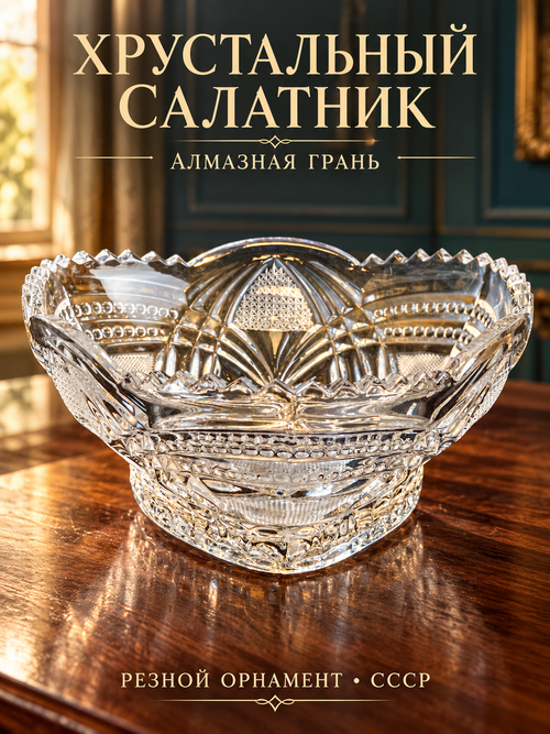 Ваза салатник, конфетница хрустальная, алмазная грань, резной геометрический орнамент, винтаж СССР 1970-1990 гг