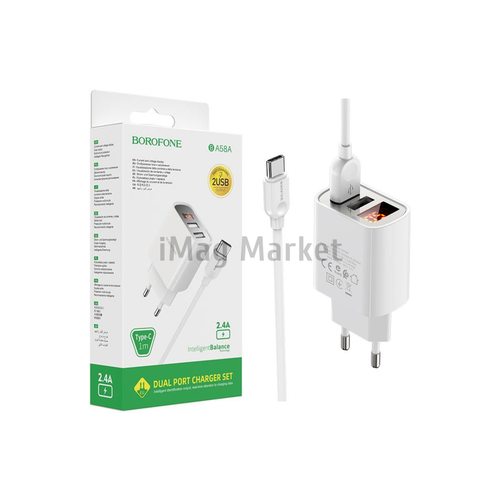 Сетевое зарядное устройство Borofone BA58A, LED-дисплей, 2 USB-A, 12W, 2.4A + кабель Type-C, 1 м, белый