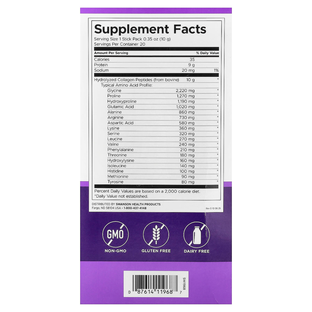 Swanson Vitamins, пептиды коллагена, без добавок, 20 стик-пакетов по 10 г (0,35 унции)