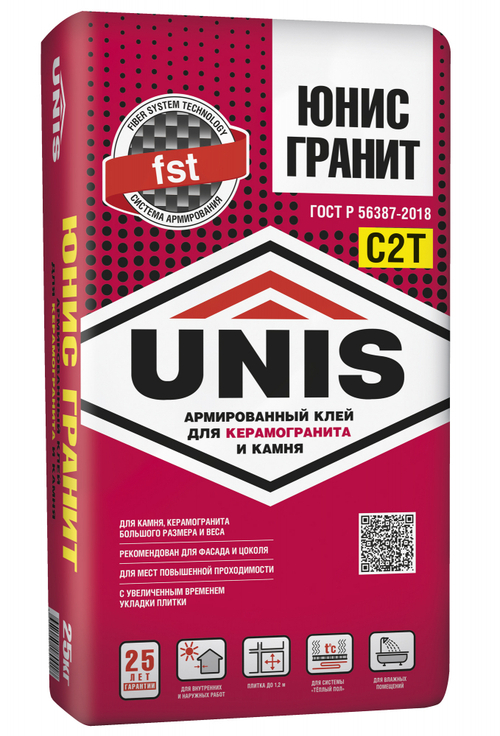 Клей U-95 UNIS ГРАНИТ С2Т армированный для керамогранита крупного формата 25 кг