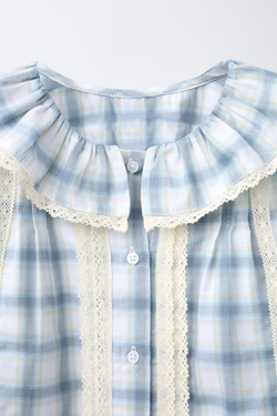 ZARA РУБАШКА В КЛЕТКУ С КРУЖЕВОМ, БЕЛЫЙ/МОРСКОЙ СИНИЙ