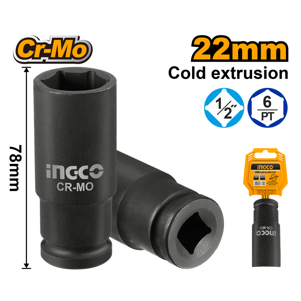 Головка торцевая ударная удлиненная INGCO HDIS12221L INDUSTRIAL 1/2" 22 мм Головка торцевая ударная удлиненная INGCO HDIS12221L INDUSTRIAL 1/2" 22 мм