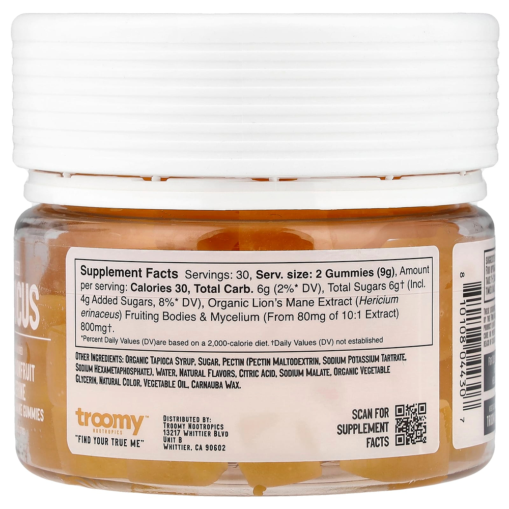 Troomy Nootropics, Focus, функциональные жевательные таблетки с грибами, со вкусом маракуйи и мандарина, 60 жевательных таблеток