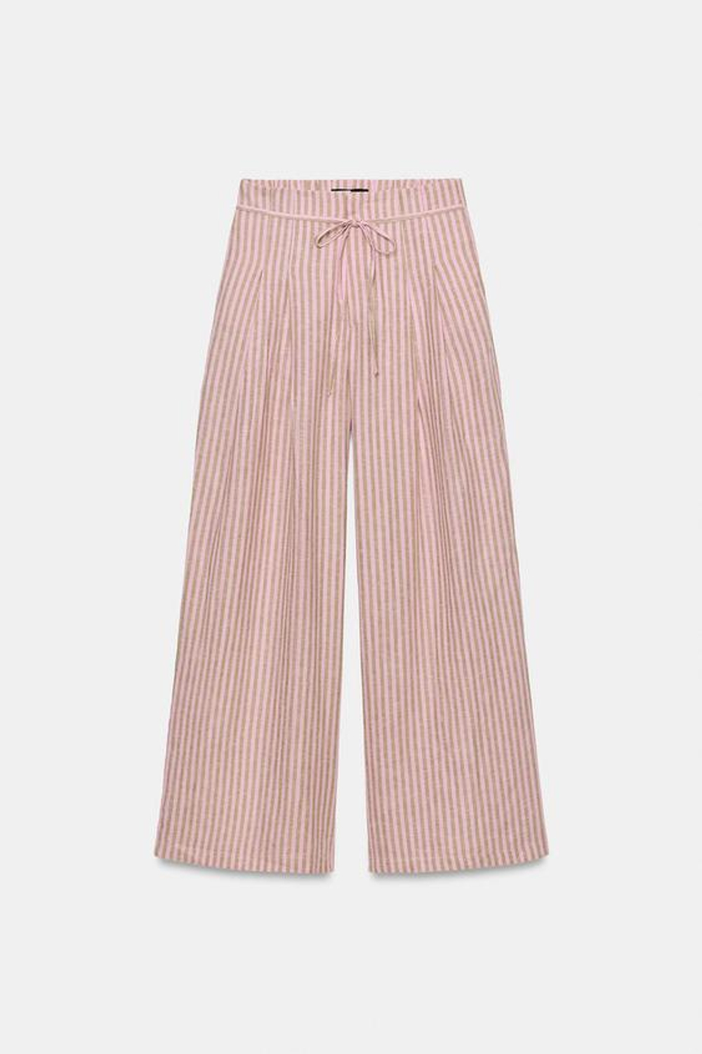ZARA БРЮКИ В ПОЛОСКУ ИЗ СМЕСОВОГО ЛЬНА СО ШНУРКОМ, РОЗОВЫЙ
