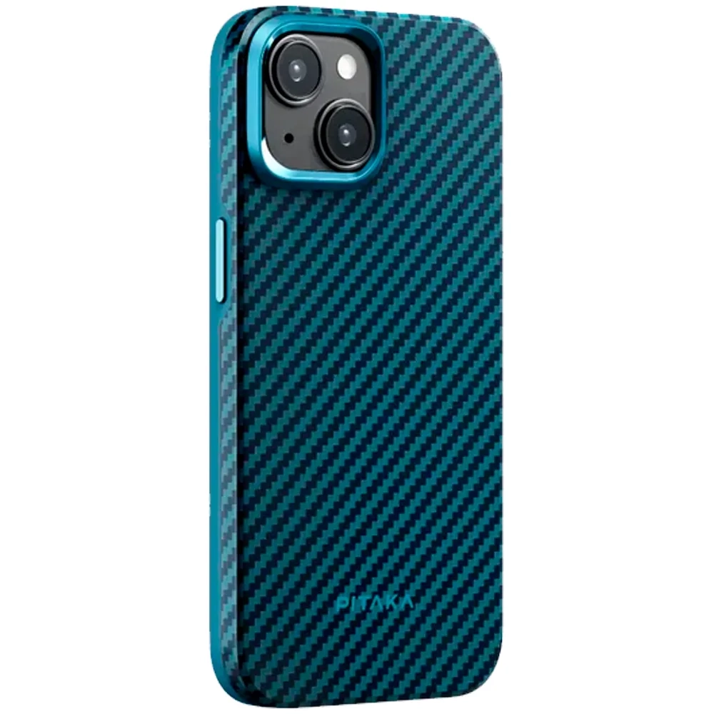 Чехол из арамидного волокна с поддержкой MagSafe PITAKA MagEZ Case 4 1500D для iPhone 15, Black / Blue Twill (Cаржевое переплетение)