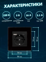 Розетка с заземлением одинарная из стекла с USB и Type-C