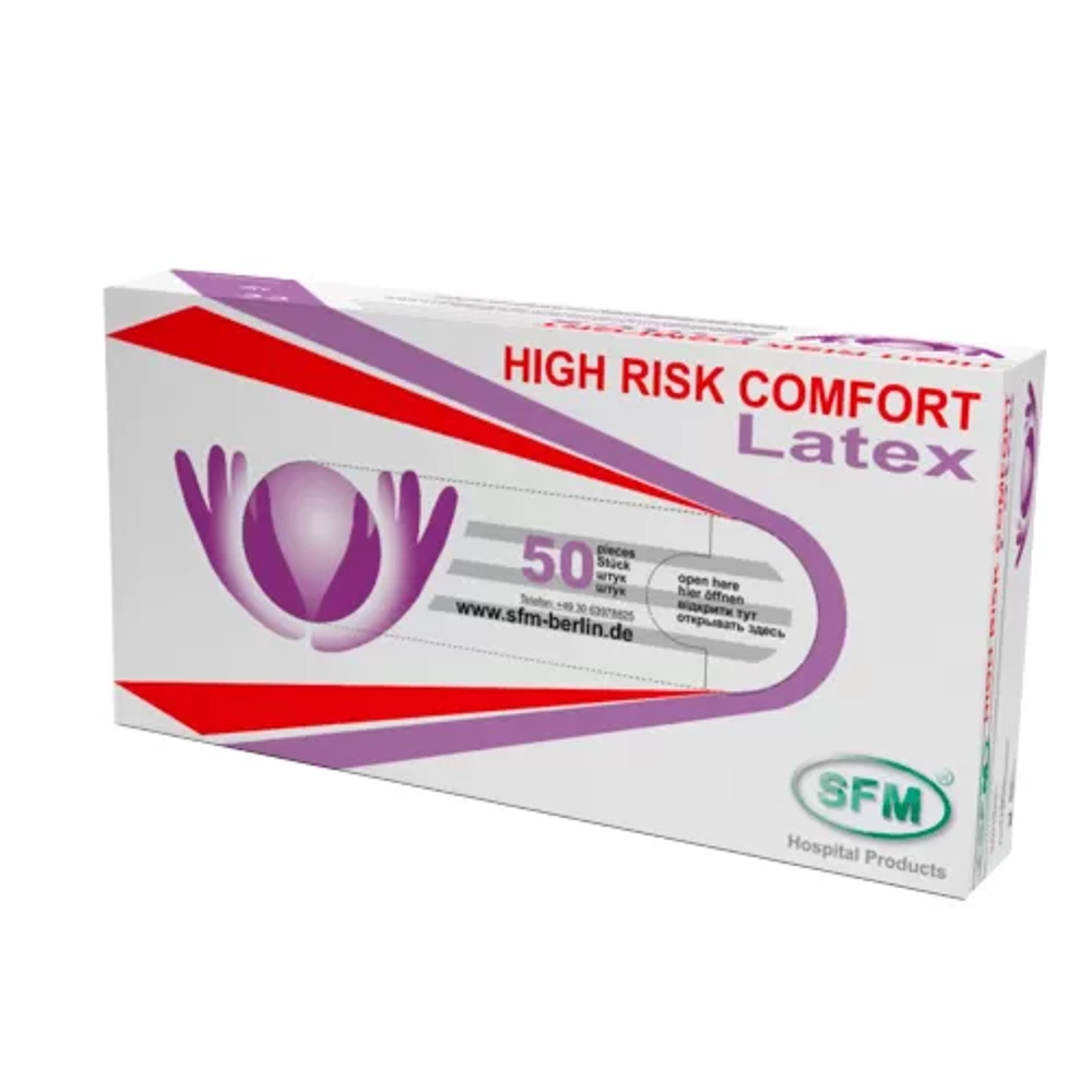 Перчатки латексные смотровые сверхпрочные SFM HIGH RISK COMFORT (14,5 гр) размер M нестерильные неопудренные синие