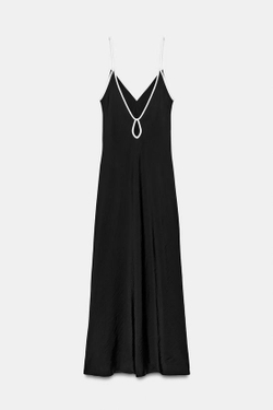 ZARA АТЛАСНОЕ ПЛАТЬЕ МИДИ С КОНТРАСТНОЙ ОТДЕЛКОЙ, ЧЕРНЫЙ