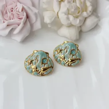 Серьги пусеты Ракушки с эмалью, голубой, 22*25 мм, сталь, позолота, СГ038