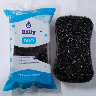 Губка для тела банная поролоновая двухслойная мягкая/жесткая RILLY «DUO», цвет черный, 15.5*9.5*5