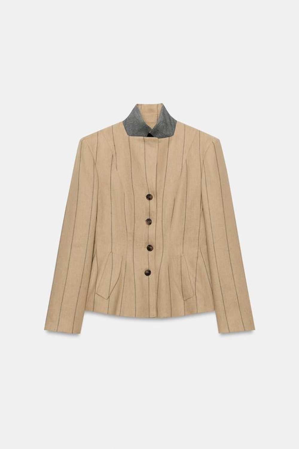ZARA БЛЕЙЗЕР В ПОЛОСКУ ИЗ СМЕСОВОГО ЛЬНА — ZW COLLECTION, МЯГКИЙ КАШТАНОВЫЙ