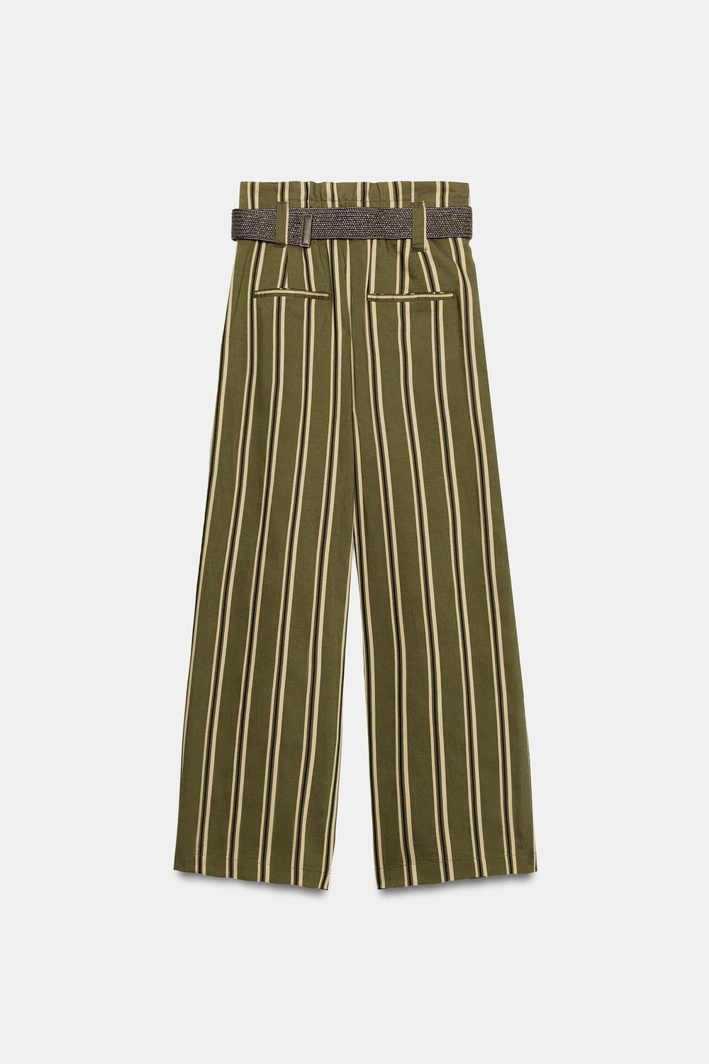 ZARA БРЮКИ В ПОЛОСКУ С РЕМНЕМ, ЭКРЮ/ЗЕЛЕНЫЙ