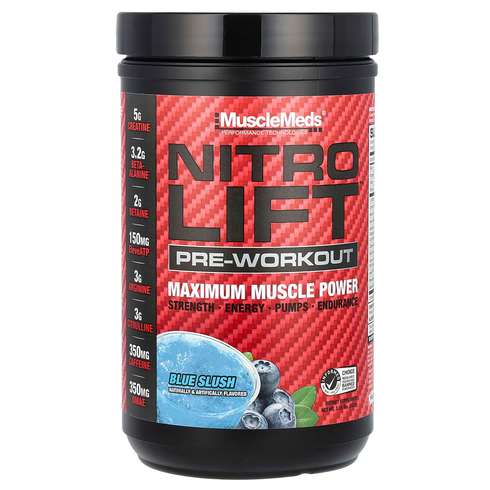 MuscleMeds, Nitro Lift ™, предтренировочный комплекс, синяя слякоть, 522 г (1,15 фунта)