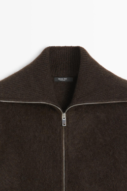 Massimo Dutti Трикотажный кардиган с начёсом и высоким воротником, коричневый