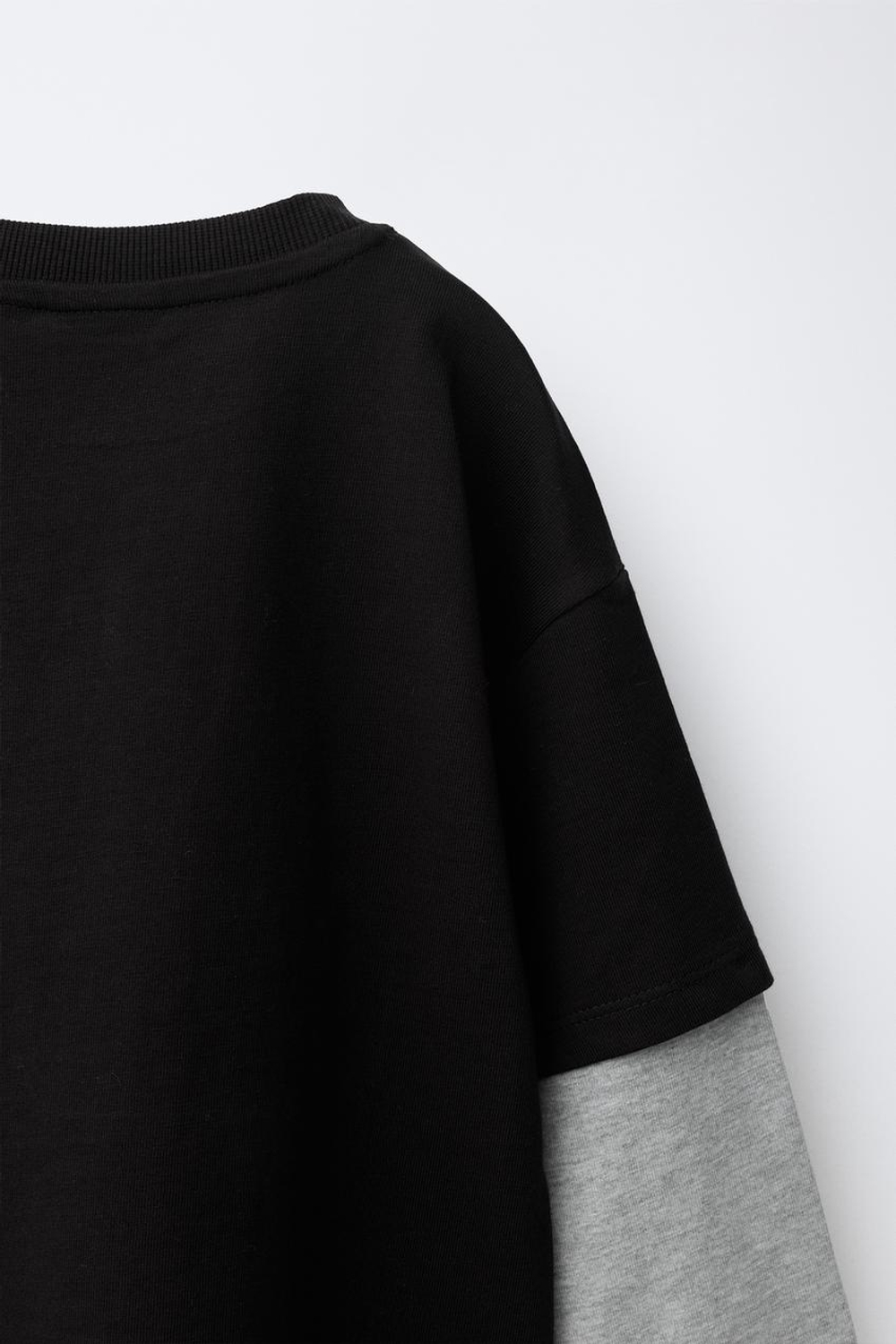 ZARA ФУТБОЛКА С ДВОЙНЫМИ РУКАВАМИ И НАДПИСЬЮ, ЧЕРНЫЙ