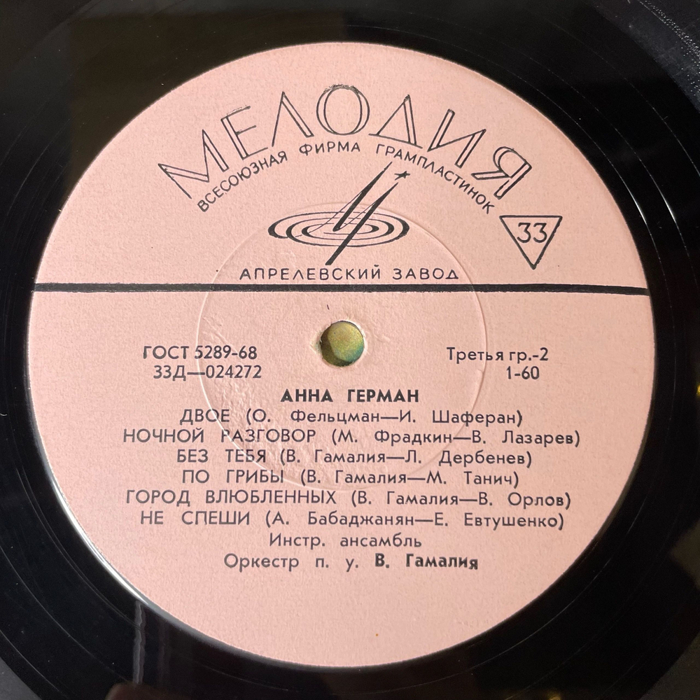 Винтажная виниловая пластинка LP Анна Герман Танцующие Эвридики (СССР 1975) Ночной Разговор