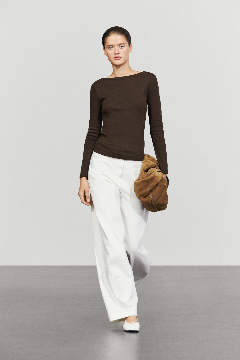 Massimo Dutti Футболка с длинными рукавами и вырезом лодочкой, коричневый