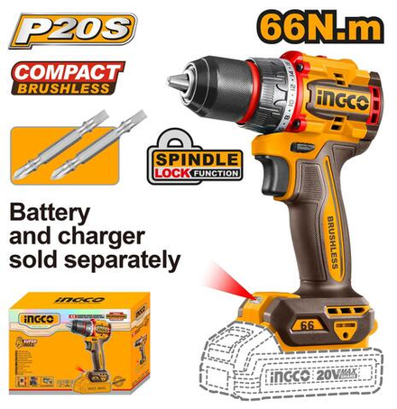 Аккумуляторный бесщёточный шуруповерт INGCO CDLI206681 INDUSTRIAL 20 В 66 Нм