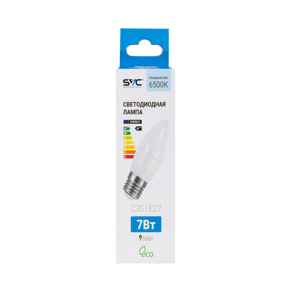 Лампа светодиодная SVC LED C35-7W-E27-6500K Свеча Холодный