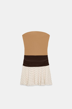 ZARA КОМБИНИРОВАННОЕ ПЛАТЬЕ В ГОРОШЕК, КАРАМЕЛЬНЫЙ