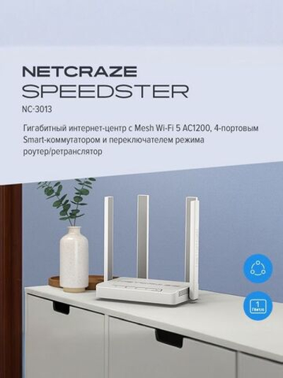 Гигабитный интернет-центр Netcraze Speedster (NC-3013) с Mesh Wi-Fi 5 AC1200, 4-портовым Smart-коммутатором и переключателем режима роутер/ретранслятор