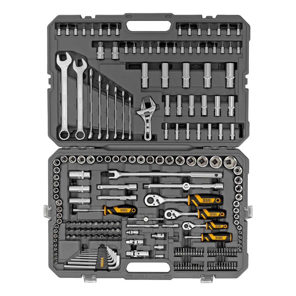 Набор инструментов, 1/2", 1/4", 3/8", CrV, S2, пластиковый кейс, 216 предметов Denzel