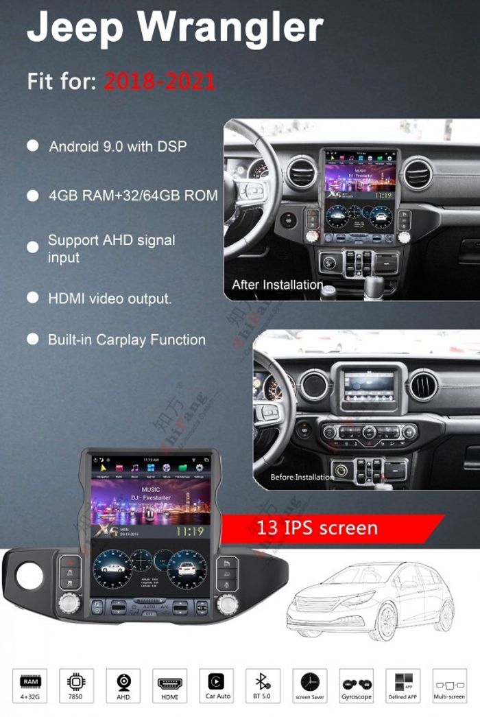 Магнитола для Jeep Wrangler 2018+ - Kuberg ZF-1315-Q6 вертикальный экран в стиле "Тесла" на Android 11, CarPlay, 4G SIM-слот