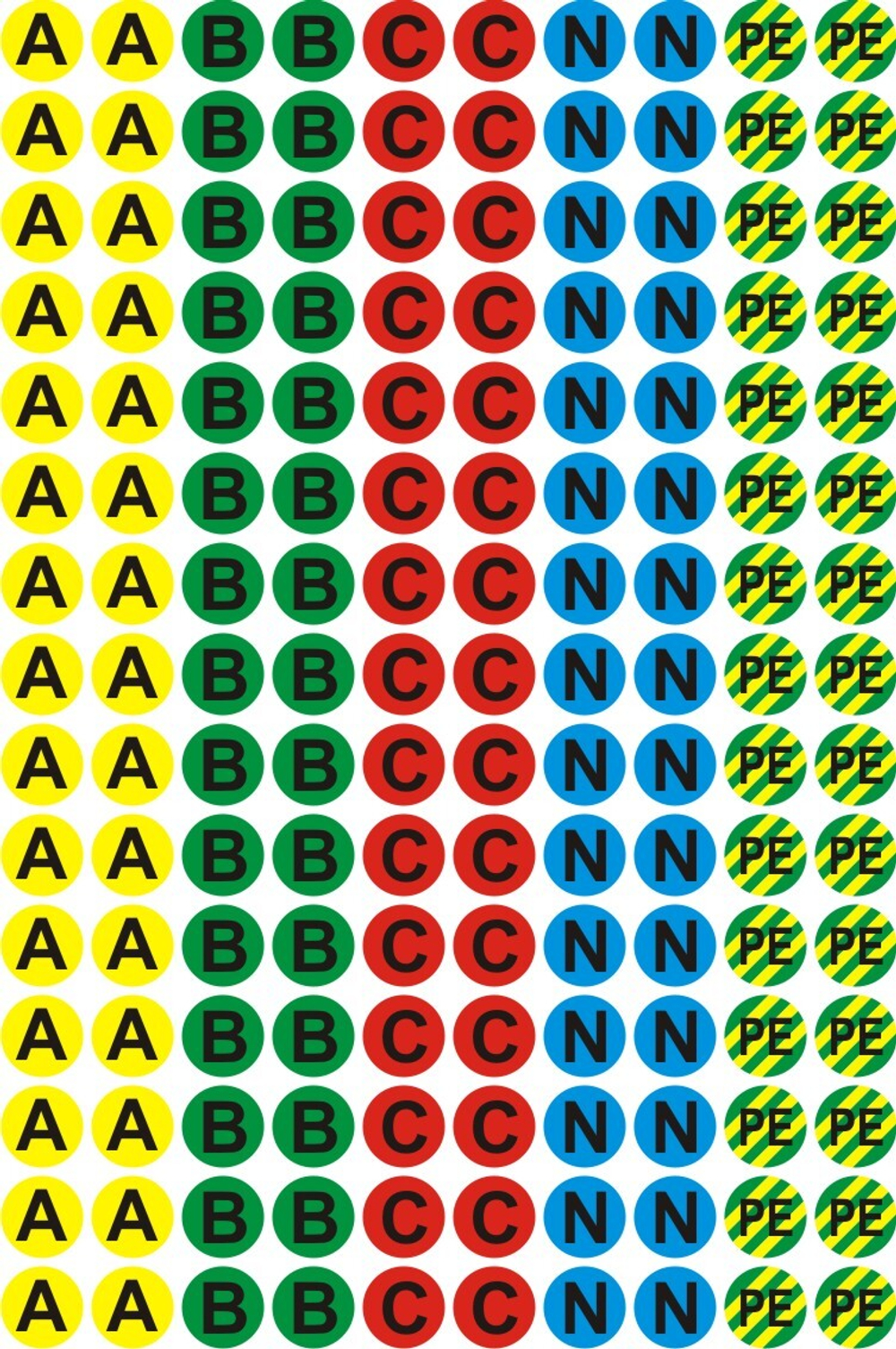 Наклейки-маркеры электрических шин "A, B, C, N, PE"