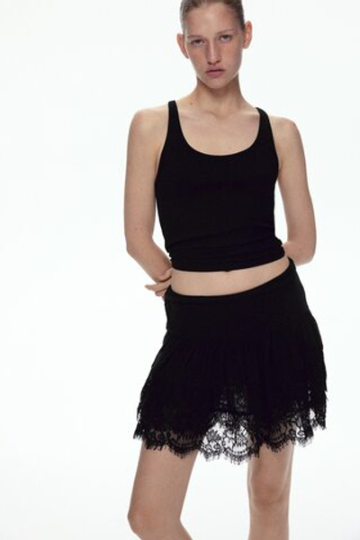 Мини-юбка с кружевной лентой — Чёрный - H&M