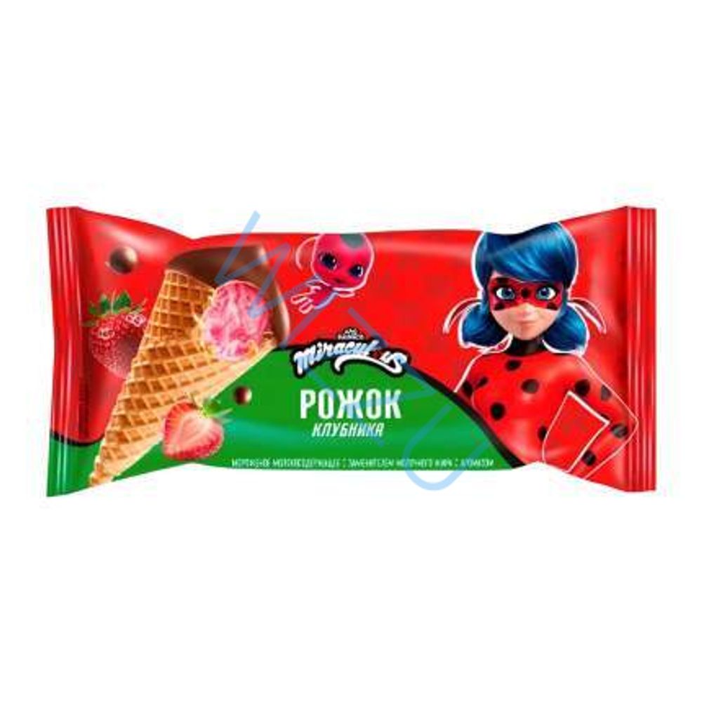 Мороженное Рожок ЛЕДИ БАГ клубника с шапочкой из шок. галазури 70г