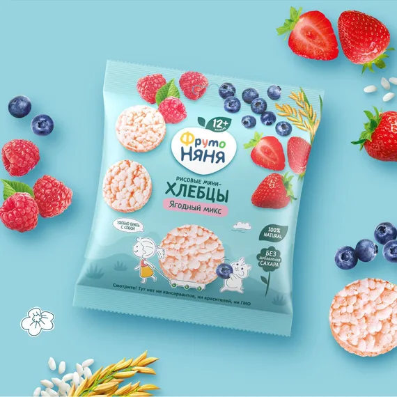 Мини-хлебцы ФрутоНяня рисовые с яблоком клубникой черникой и малиной Ягодный микс 30г