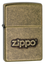 Легендарная классическая американская бензиновая широкая зажигалка ZIPPO Classic Antique Brass™ серебристая матовая из латуни и стали  с логотипом Zippo ZP-28994